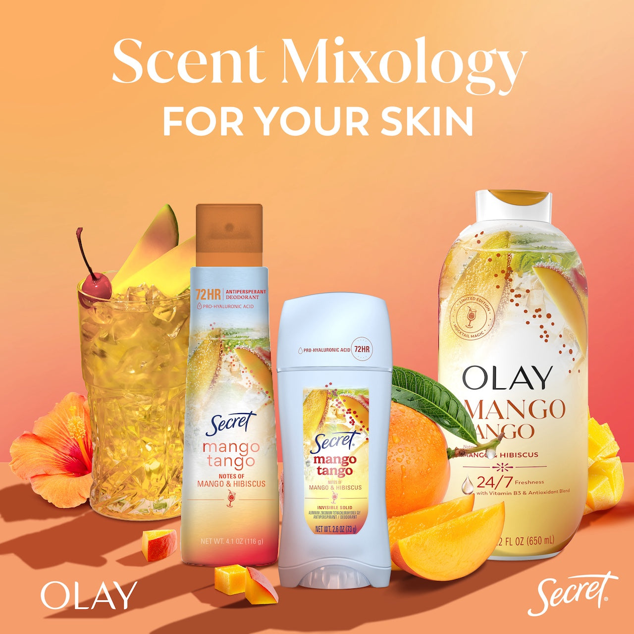 Olay Mango Tango Body Wash with Notes of Mango and Hibiscus. Vitamin B3 and Antioxidant Blend