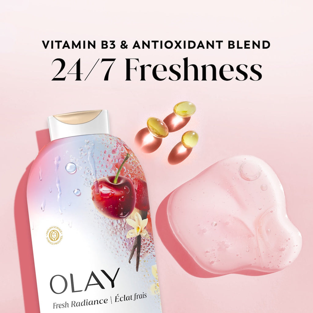 Olay Fresh Radiance Body Wash with Essence of Black Cherry and Vanilla. Vitamin B3 and Antioxidant Blend 22oz