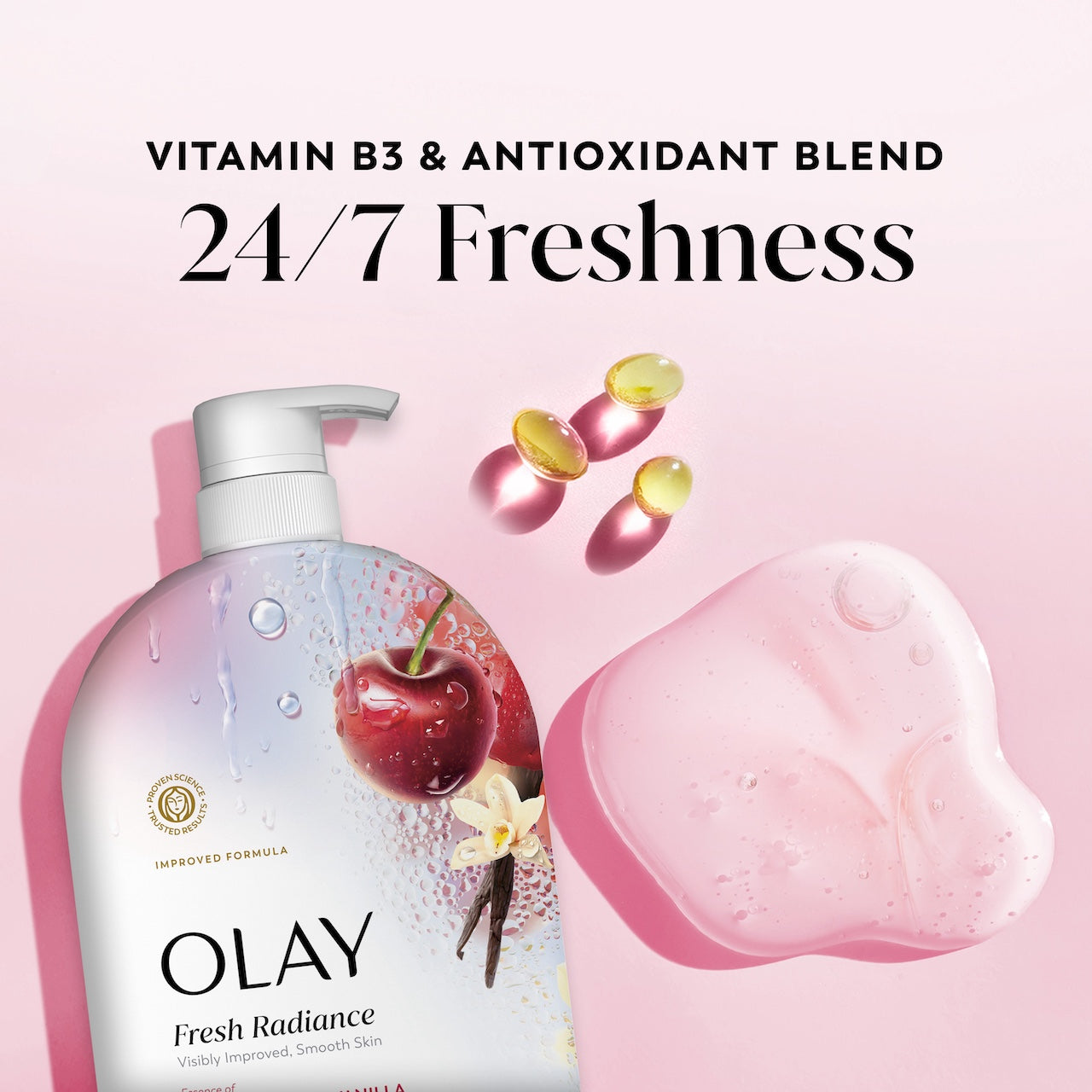 Olay Fresh Radiance Body Wash with Essence of Black Cherry and Vanilla. Vitamin B3 and Antioxidant Blend 35oz