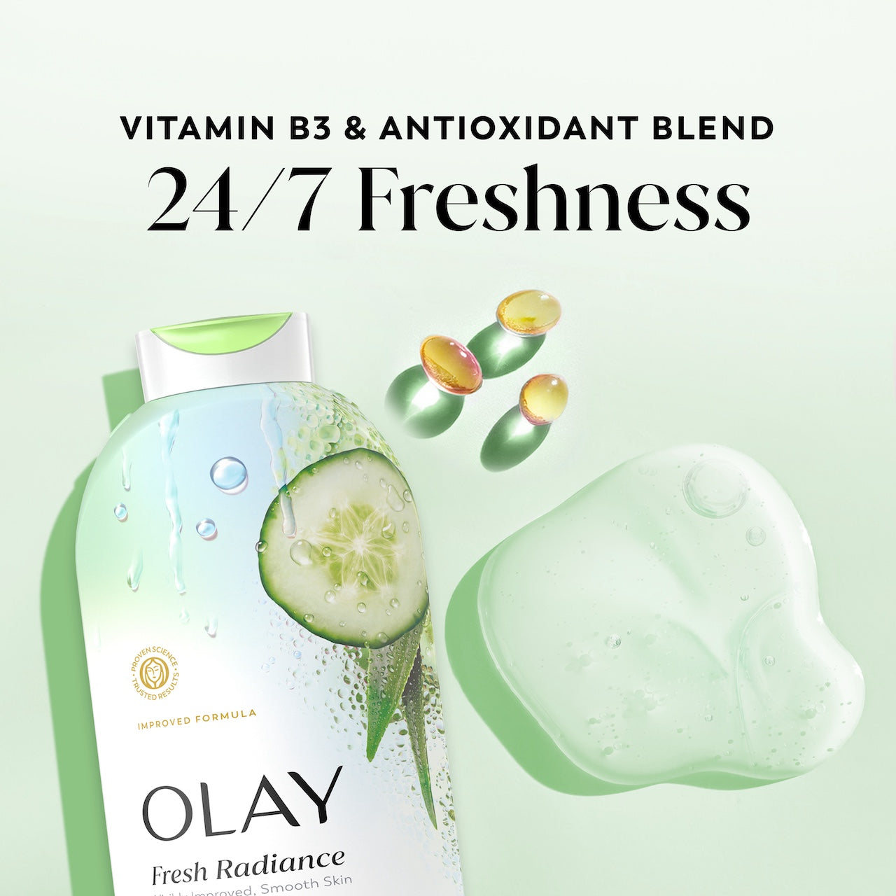 Olay Fresh Radiance Body Wash with Essence of Cucumber and Aloe Water. Vitamin B3 & Antioxidant Blend