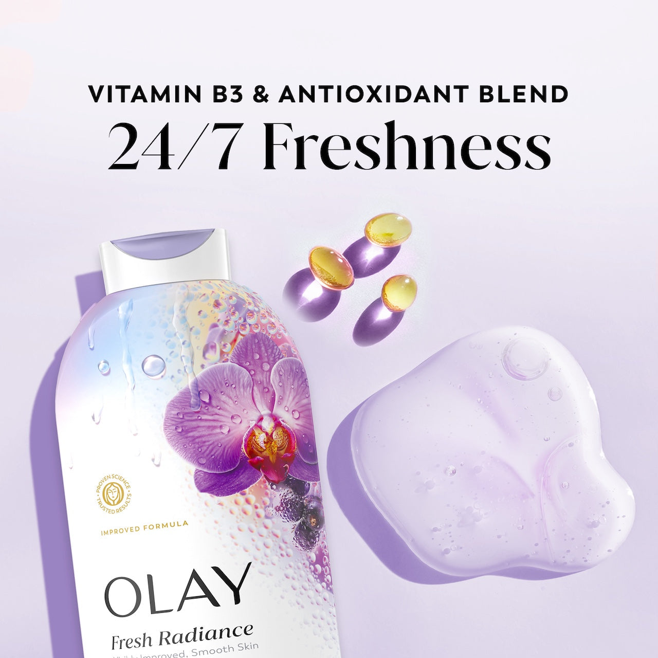 Olay Fresh Radiance Body Wash with Essence of Orchid and Black Currant. Vitamin B3 and Antioxidant Blend 22oz