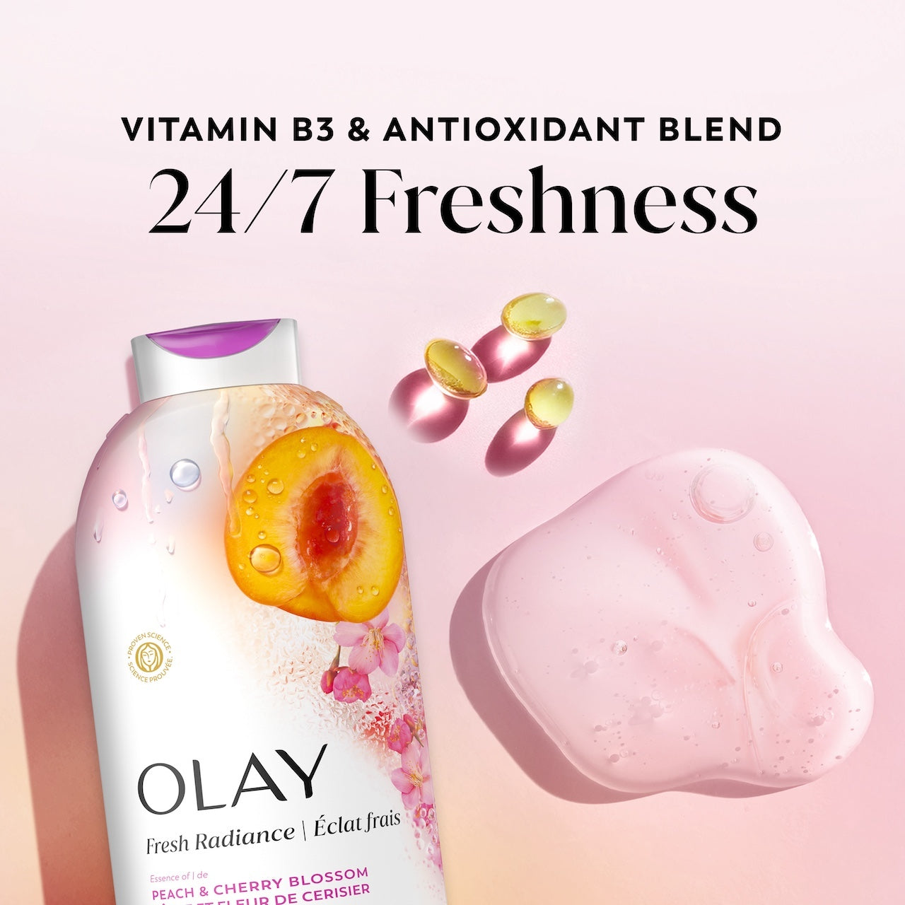Olay Fresh Radiance Body Wash with Essence of Peach and Cherry Blossom. Vitamin B3 and Antioxidant Blend 22oz