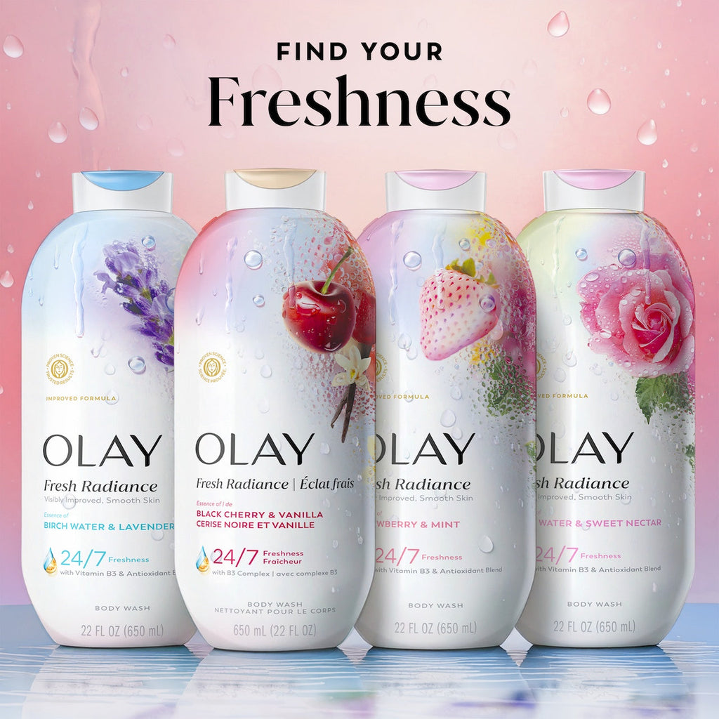 Olay Fresh Radiance Body Wash with Essence of Black Cherry and Vanilla. Vitamin B3 and Antioxidant Blend 22oz