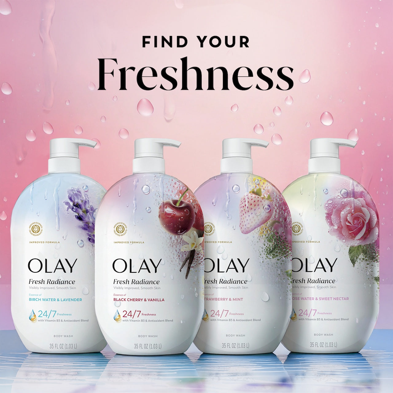 Olay Fresh Radiance Body Wash with Essence of Black Cherry and Vanilla. Vitamin B3 and Antioxidant Blend 35oz