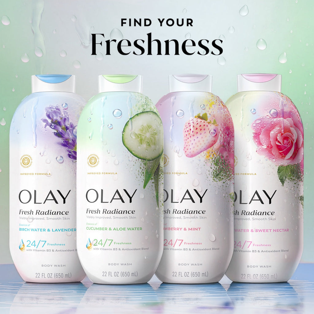 Olay Fresh Radiance Body Wash with Essence of Cucumber and Aloe Water. Vitamin B3 & Antioxidant Blend