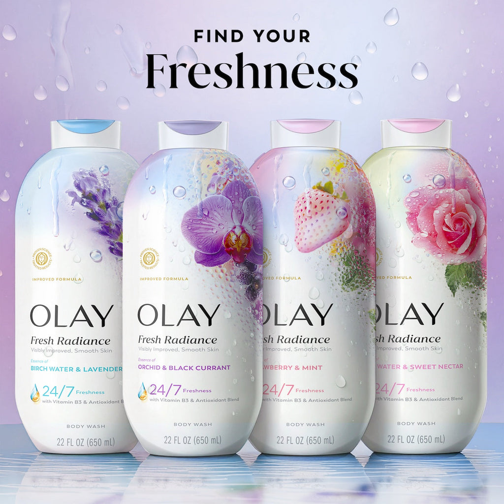 Olay Fresh Radiance Body Wash with Essence of Orchid and Black Currant. Vitamin B3 and Antioxidant Blend 22oz
