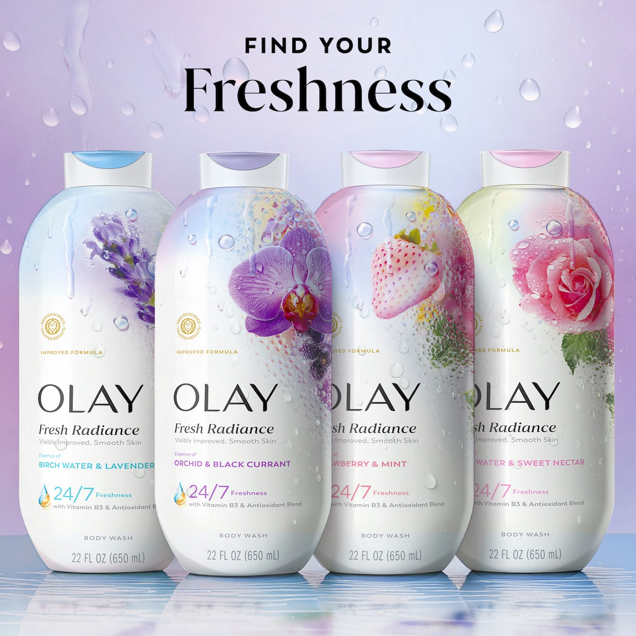 Olay Fresh Radiance Body Wash with Essence of Orchid and Black Currant. Vitamin B3 and Antioxidant Blend 22oz