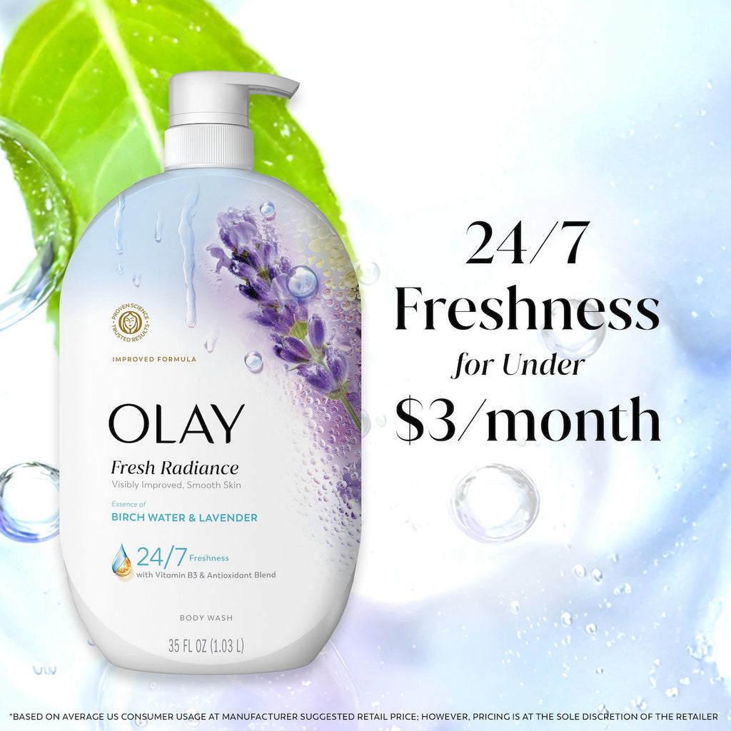 Olay Fresh Radiance Body Wash with Essence of Birch Water and Lavender. Vitamin B3 and Antioxidant Blend 35oz