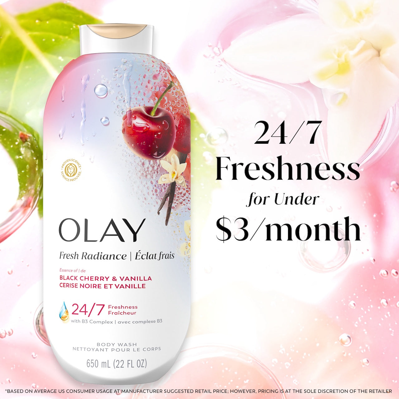 Olay Fresh Radiance Body Wash with Essence of Black Cherry and Vanilla. Vitamin B3 and Antioxidant Blend 22oz