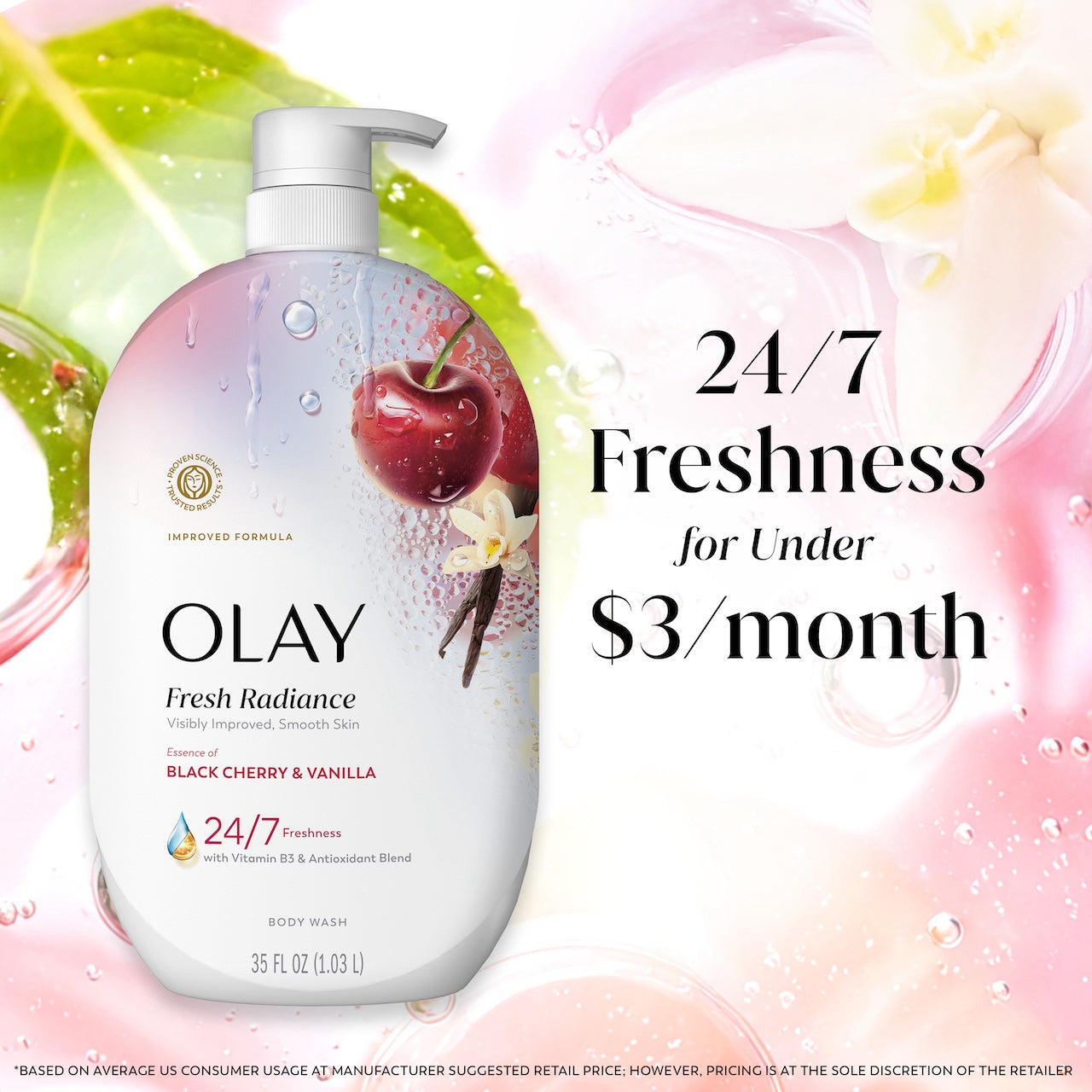 Olay Fresh Radiance Body Wash with Essence of Black Cherry and Vanilla. Vitamin B3 and Antioxidant Blend 35oz