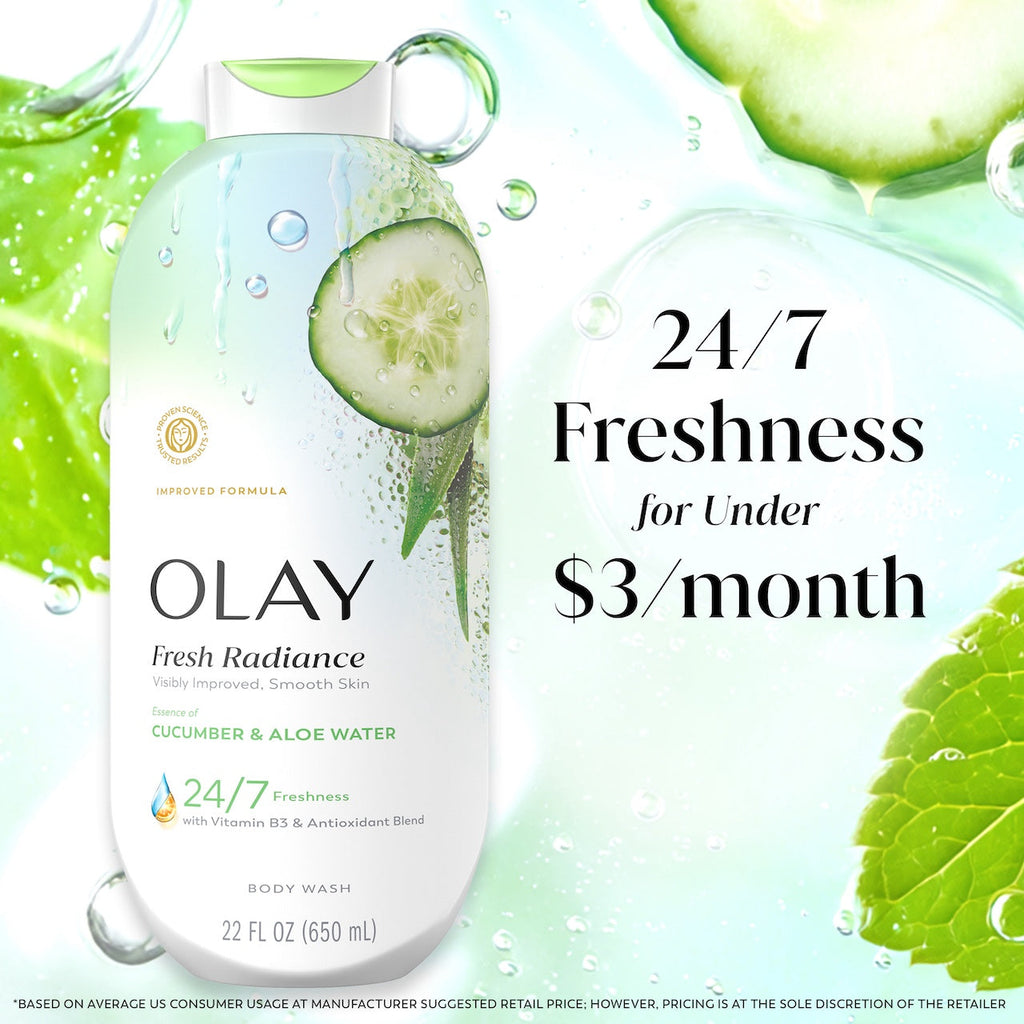 Olay Fresh Radiance Body Wash with Essence of Cucumber and Aloe Water. Vitamin B3 & Antioxidant Blend