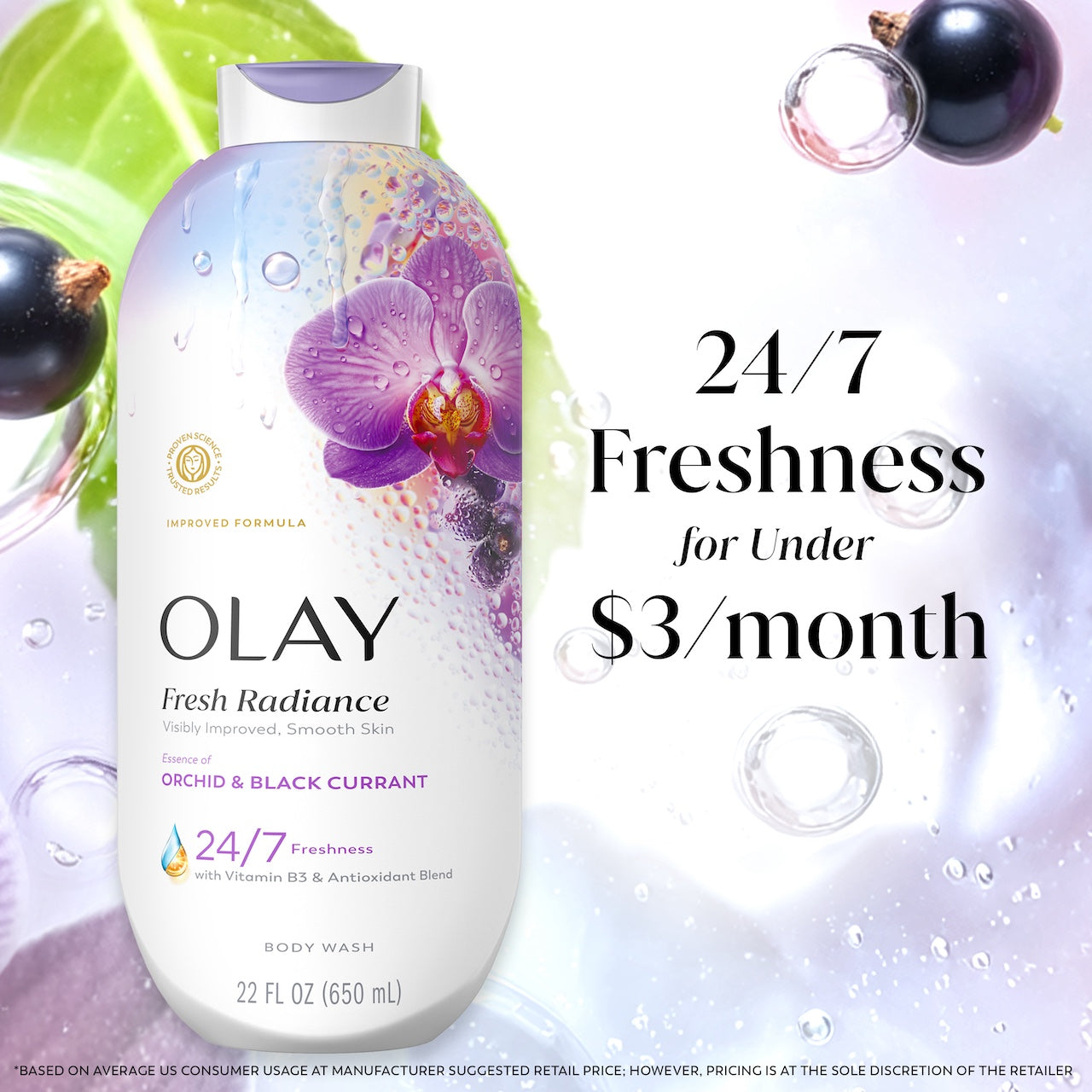 Olay Fresh Radiance Body Wash with Essence of Orchid and Black Currant. Vitamin B3 and Antioxidant Blend 22oz