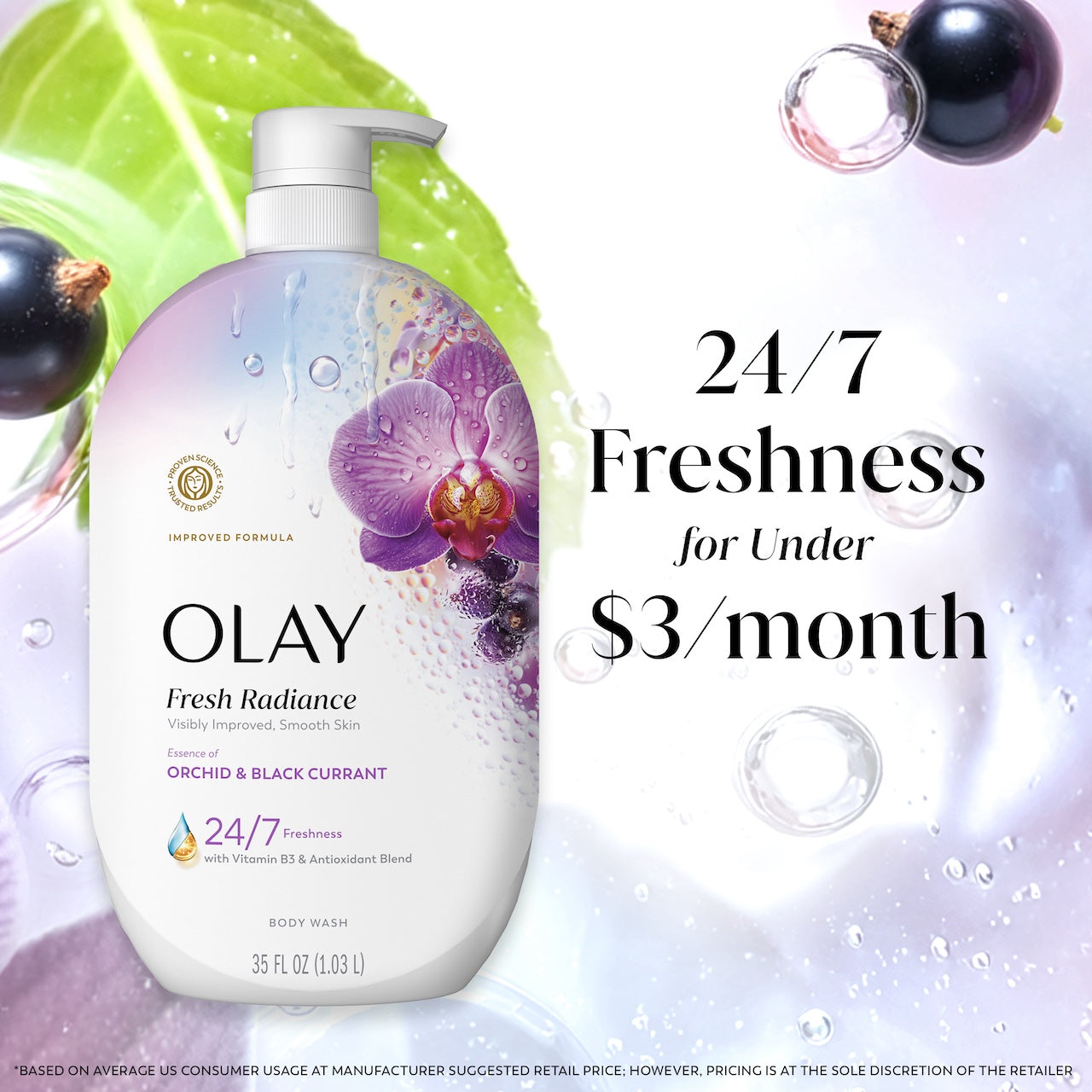 Olay Fresh Radiance Body Wash with Essence of Orchid and Black Currant. Vitamin B3 and Antioxidant Blend 35oz
