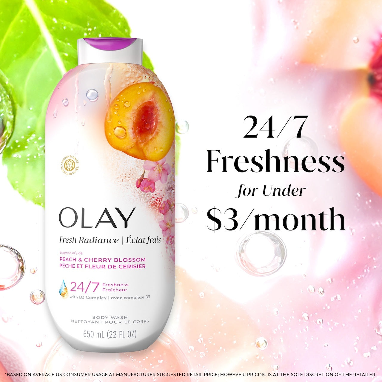 Olay Fresh Radiance Body Wash with Essence of Peach and Cherry Blossom. Vitamin B3 and Antioxidant Blend 22oz