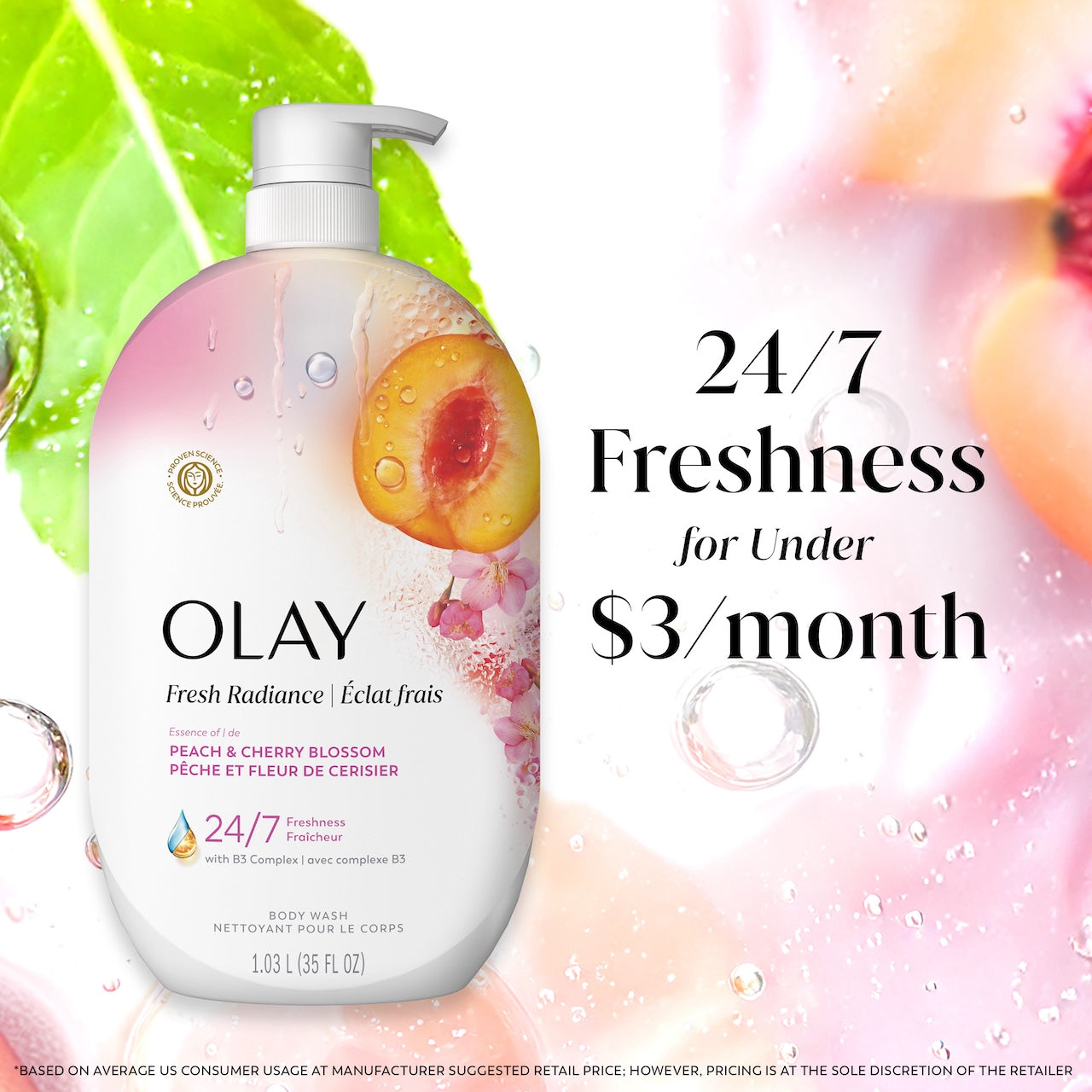 Olay Fresh Radiance Body Wash with Essence of Peach and Cherry Blossom. Vitamin B3 and Antioxidant Blend 35oz