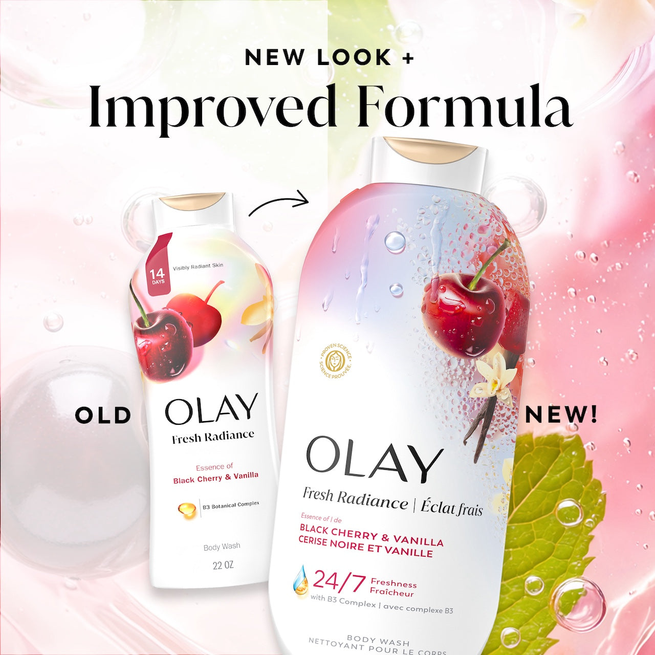 Olay Fresh Radiance Body Wash with Essence of Black Cherry and Vanilla. Vitamin B3 and Antioxidant Blend 22oz