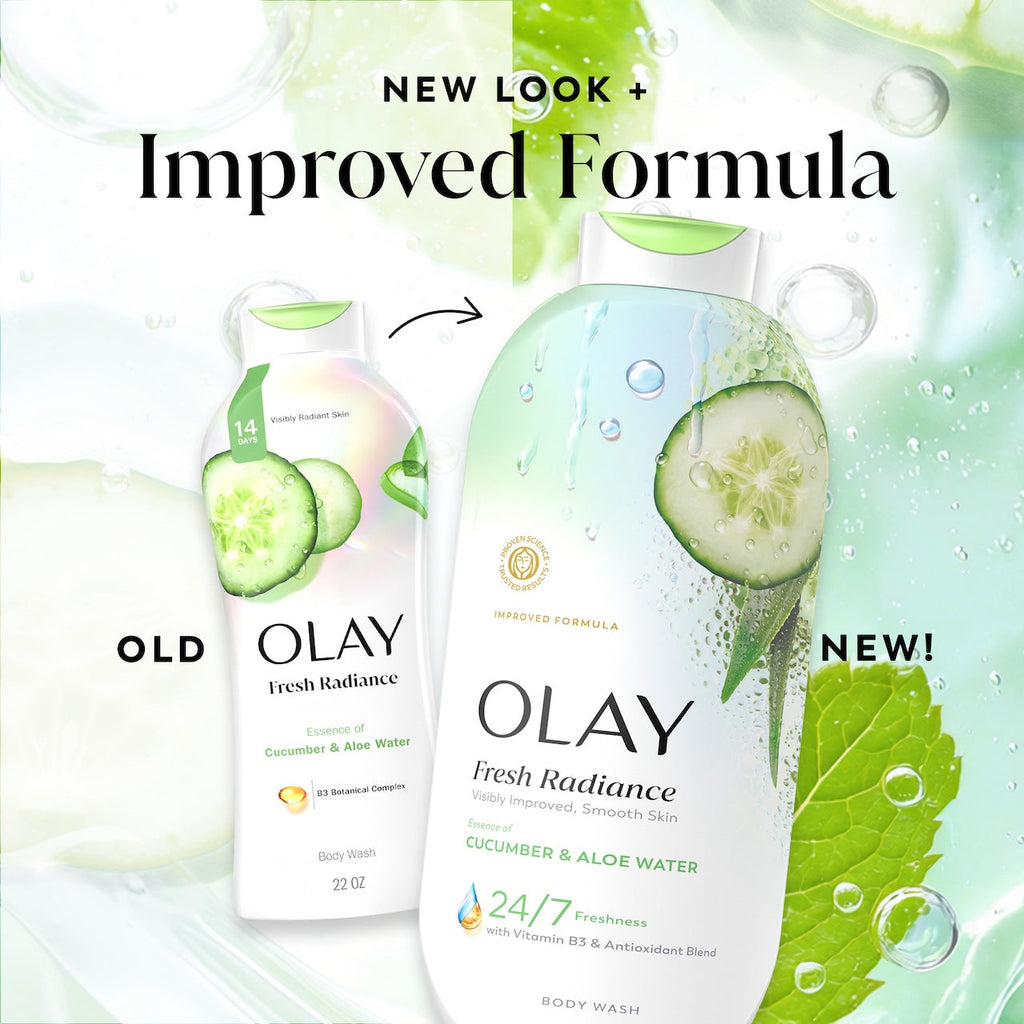 Olay Fresh Radiance Body Wash with Essence of Cucumber and Aloe Water. Vitamin B3 & Antioxidant Blend