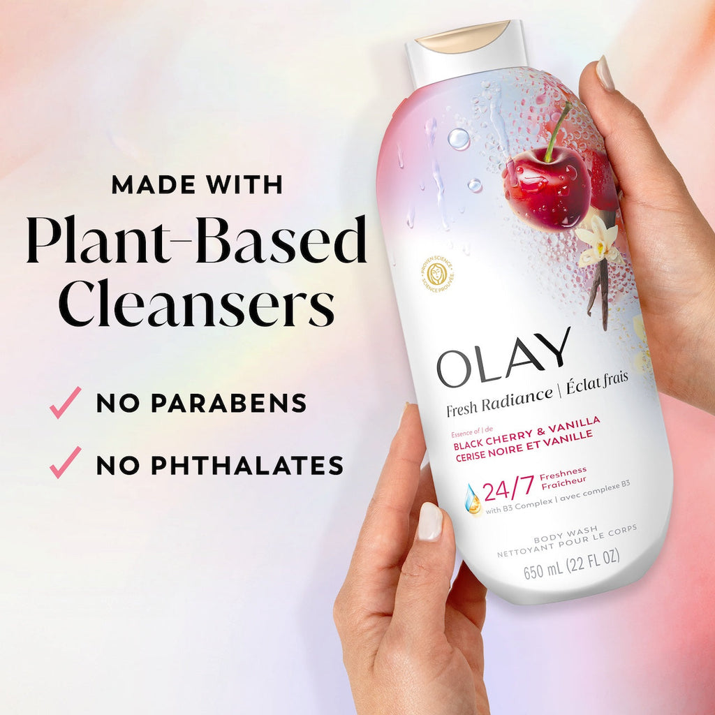Olay Fresh Radiance Body Wash with Essence of Black Cherry and Vanilla. Vitamin B3 and Antioxidant Blend 22oz
