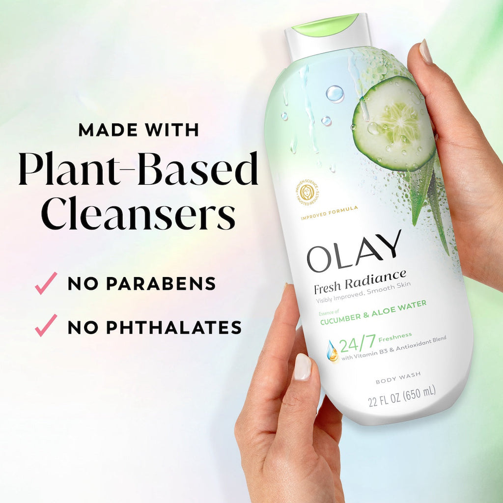 Olay Fresh Radiance Body Wash with Essence of Cucumber and Aloe Water. Vitamin B3 & Antioxidant Blend